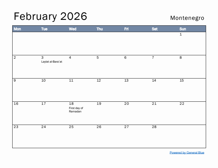 February 2026 Simple Monthly Calendar for Montenegro