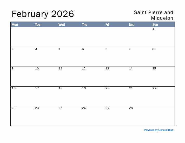 February 2026 Simple Monthly Calendar for Saint Pierre and Miquelon