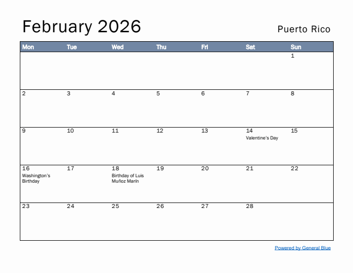 February 2026 Simple Monthly Calendar for Puerto Rico