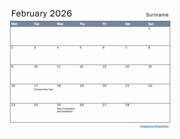 February 2026 Simple Monthly Calendar for Suriname