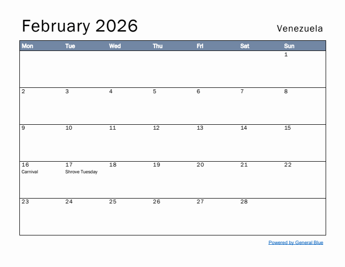 February 2026 Simple Monthly Calendar for Venezuela