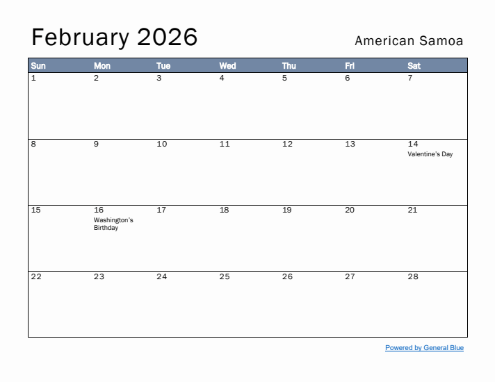 February 2026 Simple Monthly Calendar for American Samoa