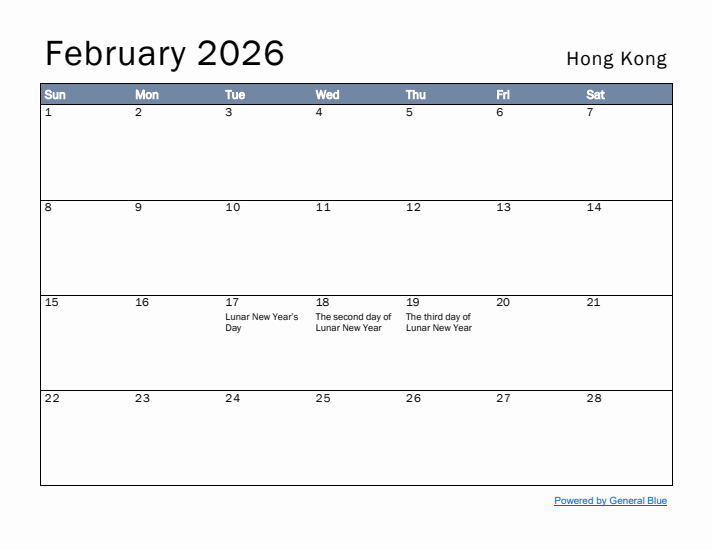 February 2026 Simple Monthly Calendar for Hong Kong