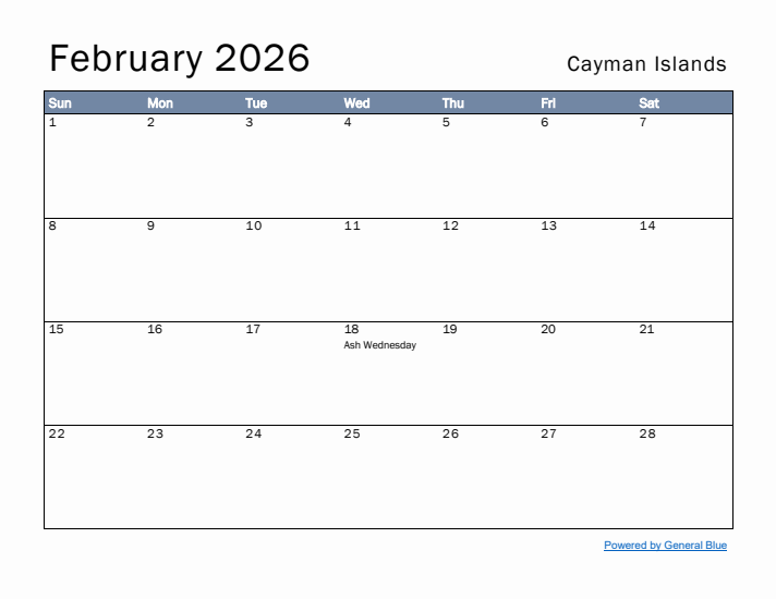 February 2026 Simple Monthly Calendar for Cayman Islands