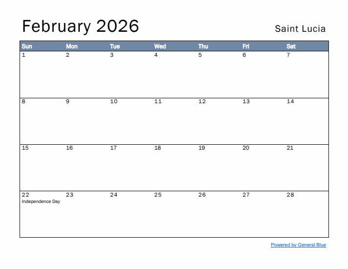 February 2026 Simple Monthly Calendar for Saint Lucia
