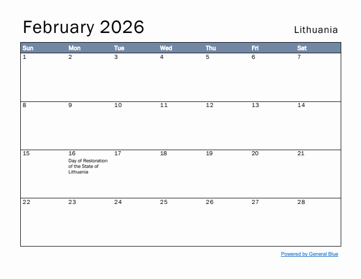 February 2026 Simple Monthly Calendar for Lithuania