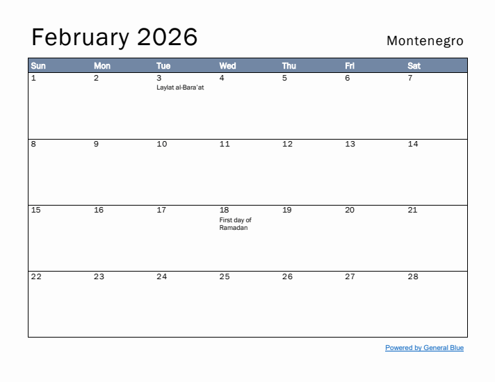 February 2026 Simple Monthly Calendar for Montenegro