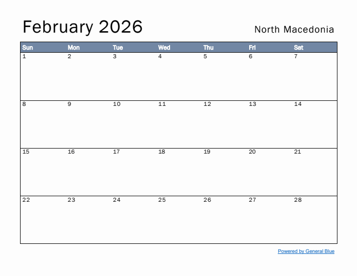 February 2026 Simple Monthly Calendar for North Macedonia
