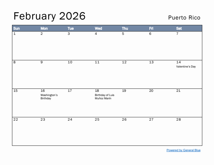 February 2026 Simple Monthly Calendar for Puerto Rico