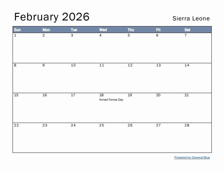 February 2026 Simple Monthly Calendar for Sierra Leone