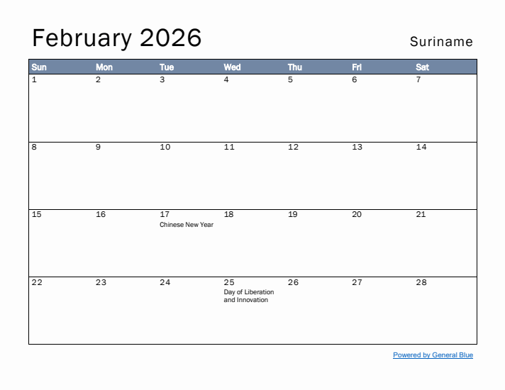 February 2026 Simple Monthly Calendar for Suriname