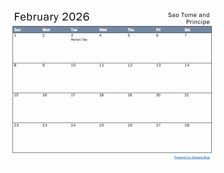 February 2026 Simple Monthly Calendar for Sao Tome and Principe