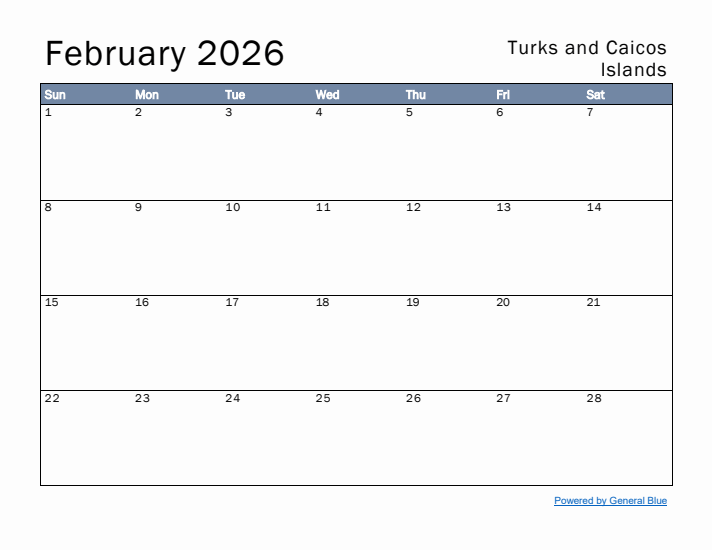 February 2026 Simple Monthly Calendar for Turks and Caicos Islands