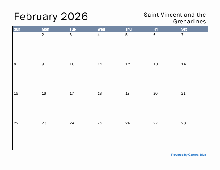 February 2026 Simple Monthly Calendar for Saint Vincent and the Grenadines
