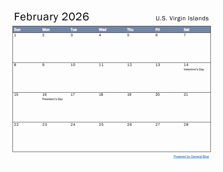 February 2026 Simple Monthly Calendar for U.S. Virgin Islands