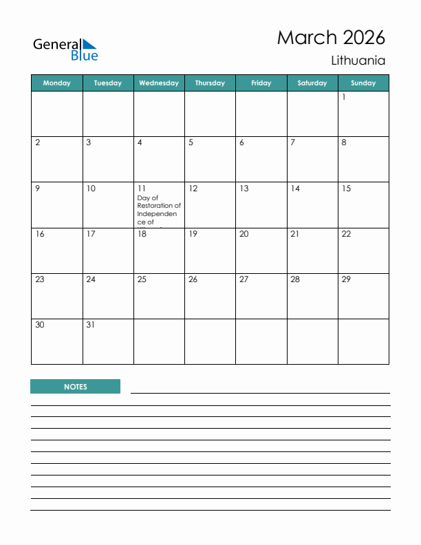 Calendar with Notes Printable - Monday Start
