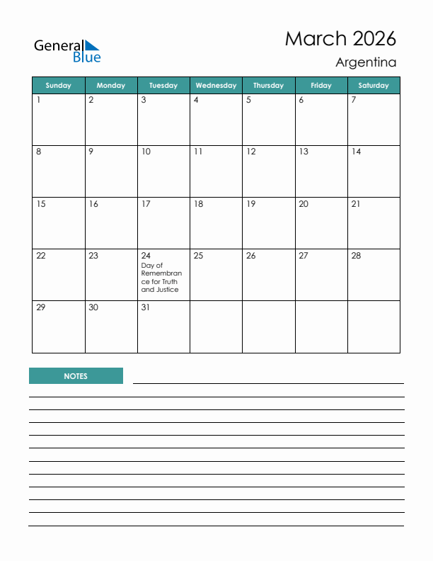 Calendar with Notes Printable - Sunday Start