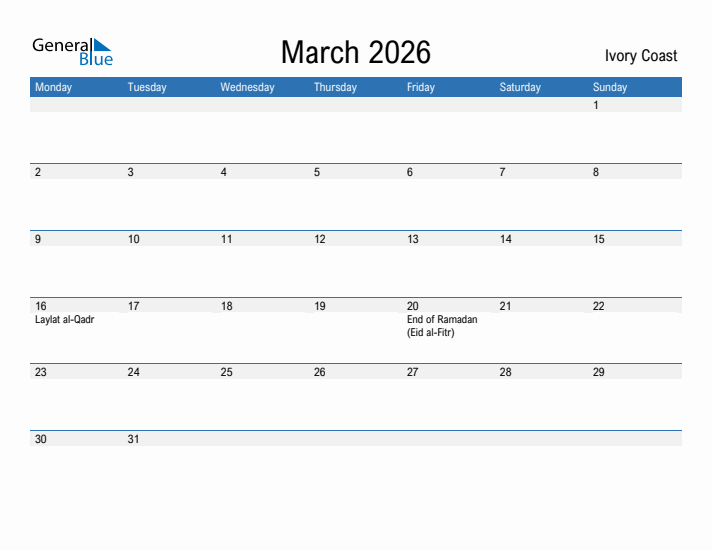 Fillable March 2026 Calendar