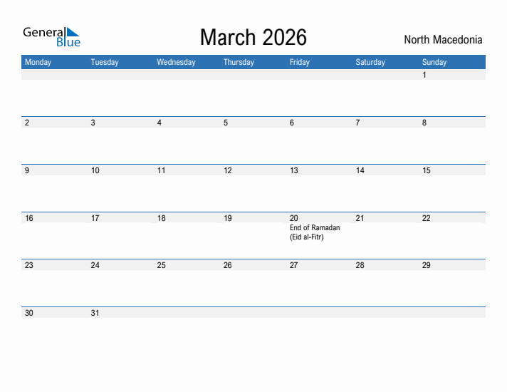 Fillable March 2026 Calendar