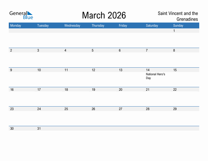 Fillable March 2026 Calendar