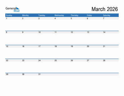 Current month calendar March 2026