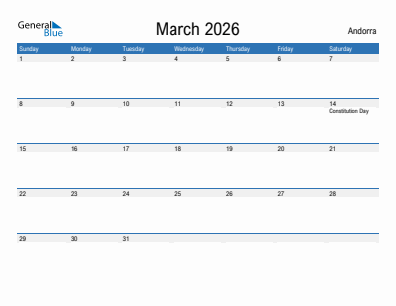Current month calendar with Andorra holidays for March 2026