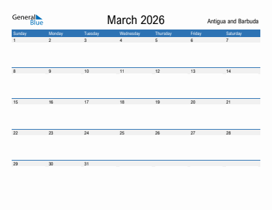 Current month calendar with Antigua and Barbuda holidays for March 2026