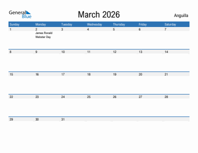 Current month calendar with Anguilla holidays for March 2026
