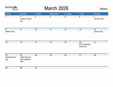 Current month calendar with Albania holidays for March 2026