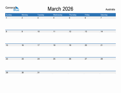 Current month calendar with Australia holidays for March 2026