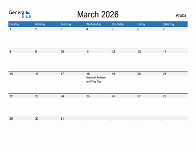 Current month calendar with Aruba holidays for March 2026