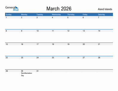 Current month calendar with Aland Islands holidays for March 2026