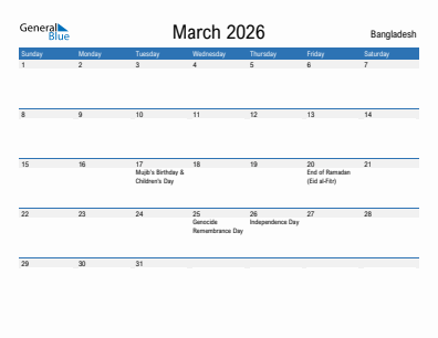 Current month calendar with Bangladesh holidays for March 2026