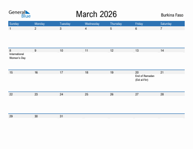 Current month calendar with Burkina Faso holidays for March 2026