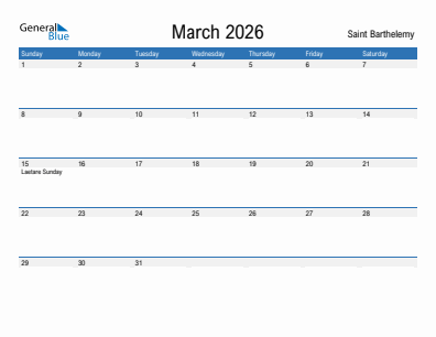 Current month calendar with Saint Barthelemy holidays for March 2026
