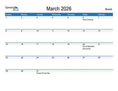 Current month calendar with Brunei holidays for March 2026