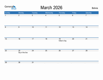 Current month calendar with Bolivia holidays for March 2026