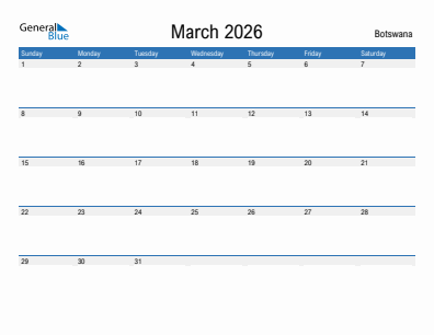 Current month calendar with Botswana holidays for March 2026