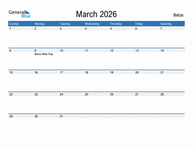 Current month calendar with Belize holidays for March 2026