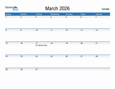 Current month calendar with Canada holidays for March 2026