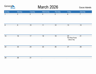 Current month calendar with Cocos Islands holidays for March 2026
