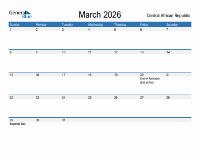 Current month calendar with Central African Republic holidays for March 2026