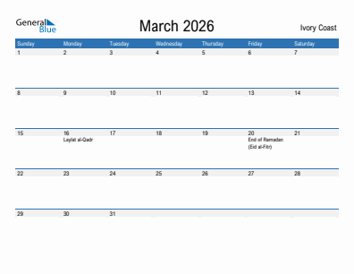 Current month calendar with Ivory Coast holidays for March 2026