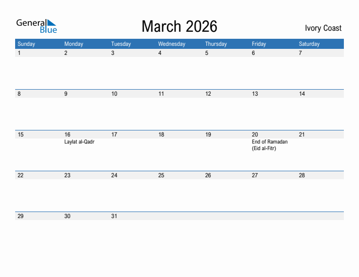 Fillable March 2026 Calendar