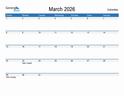 Current month calendar with Colombia holidays for March 2026