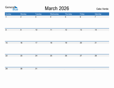 Current month calendar with Cabo Verde holidays for March 2026