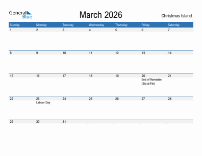 Current month calendar with Christmas Island holidays for March 2026