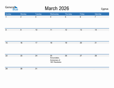 Current month calendar with Cyprus holidays for March 2026