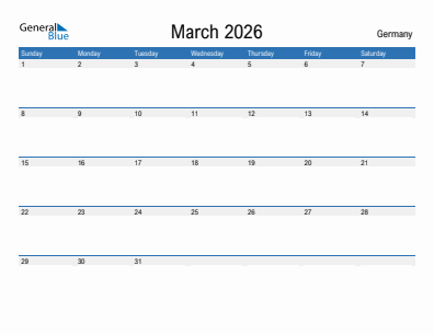 Current month calendar with Germany holidays for March 2026