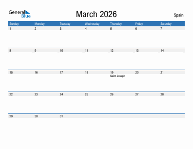 Current month calendar with Spain holidays for March 2026